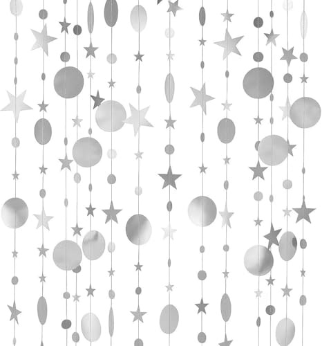 4 Stück Glitzer Deko Party,Papier Girlande Geburtstag,Bunt Glitzer Girlande,4m Hängende Party Dekorationen für Geburtstag Hochzeit Aufhängen Party Deko(Silberne runde Sterne)