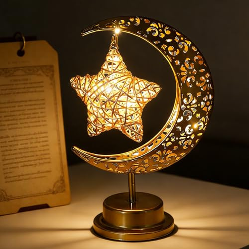 CHENBOOW Ramadan Deko Lampe,Eid Mubarak Dekoration,Eisen Ramadan Halbmond Lampe,LED Nachttischlampe,LED Mond Tischlampe,Muslim Islam Tischdekoration,Eid Lichter,für Heim Schlafzimmer Büro