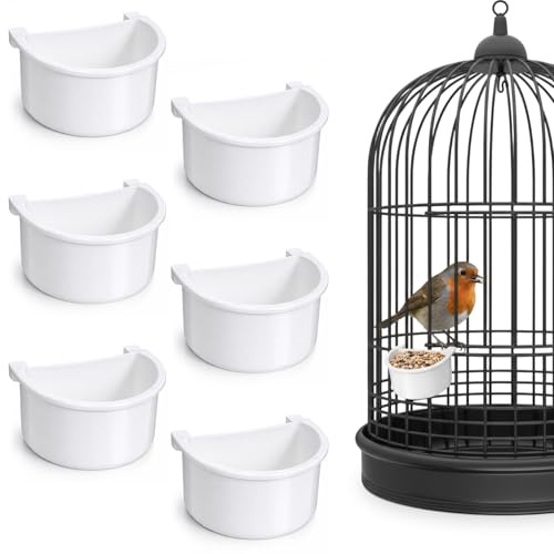 6 Pcs Bird Feeder for Cage D-shaped Plastic Bird Food Feeder Hanging Feeding Drinking Bowl Seed Container White Food Dishes Bowl for Small Birds Parakeet