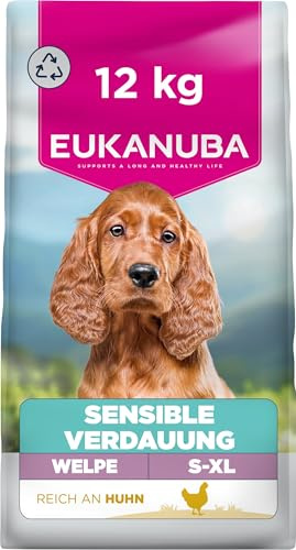 Eukanuba Sensitive Digestion Welpenfutter trocken mit Huhn & Reis, 12 kg | Special Care | Magenfreundliches Trockenfutter | für Junior Hunde mit sensibler Verdauung