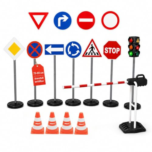alldoro XXL Verkehrsset mit Ampel, 10 Verkehrszeichen & 4 Pylonen | befüllbare Standfüße, Spielzeugampel mit Licht & Sound, 4 Verkehrshütchen, für Kinder ab 3 Jahre, Indoor & Outdoor