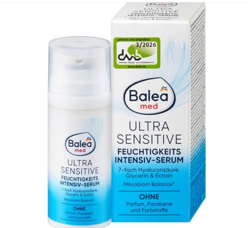 Balea med Ultra Sensitive Gesichtsserum – 30 ml – Parfümfreies Feuchtigkeitsserum für empfindliche Haut mit Panthenol & Ceramiden