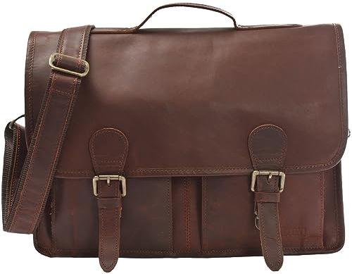 LECONI Aktentasche Businesstasche Messenger Bag für Damen + Herren Ledertasche DIN A4 Vintage-Look Collegetasche Leder 38x28x8cm braun LE3009-wax