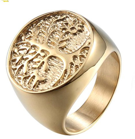 HIJONES Men's Stainless Steel Vintage Tree of Life Signet Ring Gold Non-allergenic Size W 1/2