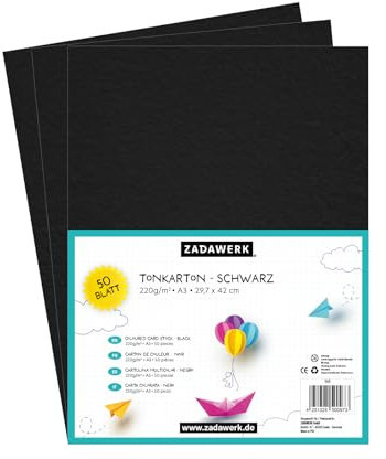 ZADAWERK® Tonkarton - 220 g/m² - DIN A3 - Schwarz - 50 Blatt - Bastelkarton - farbige Pappbögen zum Basteln - Tonzeichenpapier dick - 42x29,7 cm groß – Bedruckbar