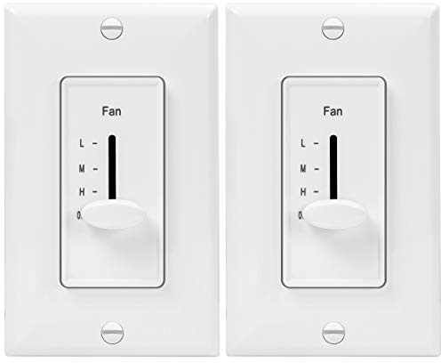 ENERLITES 3 Speed Decora in Wall Ceiling Fan Control, Slide Switch, 120VAC, 2.5A, Single-Pole, Neutral Wire NOT Required, 17000-F3-W2P, White, 2 Pack