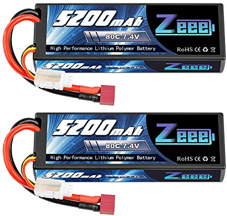 Zeee 2S Lipo 5200mAh 7,4V 80C RC Akku Hardcase mit T Stecker für RC Evader BX Auto Car Truck LKW Truggy RC Hobby (2 Packungen)