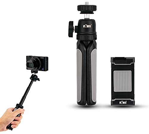 KIWIFOTOS 2IN1 Telescopic Handgrip & Mini Tripod Stand with Smart Phone Clip, Camera/Phone Hand Grip Handheld Selfie Stick for Compact Cameras, DSLR, Phone, Gopro, Osmo Action Sports Cameras