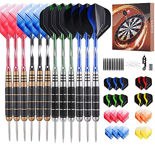 Rose Kuli Dartpfeile mit Stahlspitze, 12 Stück, 26 g, mit rutschfestem Stahlschaft, Aluminium-Dart-Schäften, 4 Stile Flights und Dartschärfer, Geschenkbox