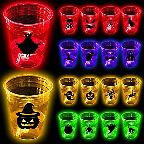 Gobelets phosphorescents pour fête d'Halloween avec autocollants d'horreur pour jeu de nuit, 23 tasses lumineuses (rouge, bleu, vert, orange), fêtes à la maison, anniversaires, concerts, mariages,
