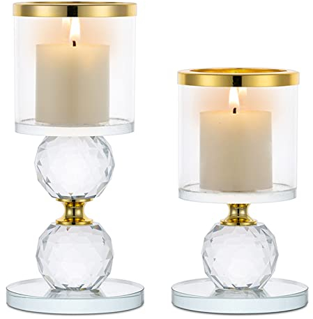 Sziqiqi Kristall Kerzenständer Set, 2 Stück Kerzenhalter Stumpenkerzen Glas, Modern Kerzenhalter Stabkerze Teelichthalter für Hochzeit Esstisch Badezimmer Tischdeko Geburtstag Party Deko, Gold