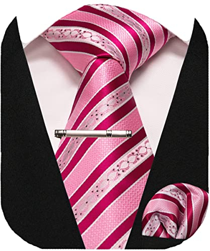JEMYGINS Krawatte Herren Gestreifte Karierte Krawatte Rosa Streifen Inklusive Einstecktuch Krawattenklammer Set