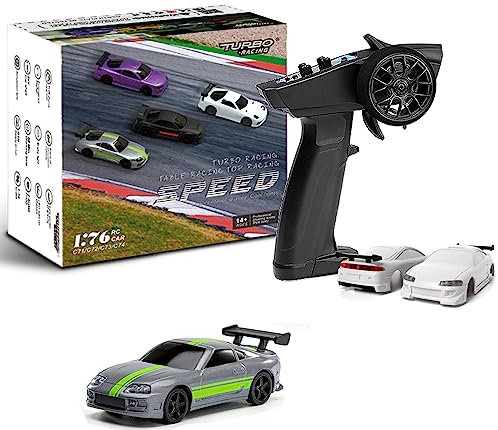 FLYCOLOR Turbo 1/76 échelle Mini RC Voiture avec 2.4G télécommande Classique LED Light Full échelle modèle (c73 Gris)