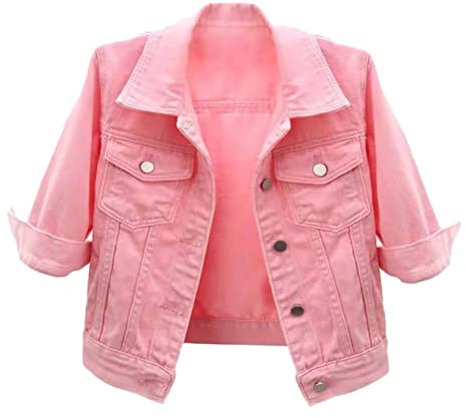 shownicer Femme Veste en Jean Vintage Coloré Blouson en Jean Mi-Saison Manches 3/4 Revers Denim Jacket Courte Grande Taille Slim Fit B Rose XXL