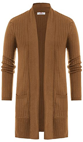 PJ PAUL JONES Men's Shawl Collar Open Front Long Cardigan Ribbed Knit Sweater with Pockets, Brown, Large