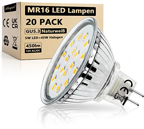 Allesgute GU5.3 MR16 LED Lampe Neutralweiß 5W ersatzt für 45W 50W Halogen Leuchtmittel 450lm LED Strahler 12V AC/DC Spot Mit GU 5.3 Sockel Glühbirne, 20er Set