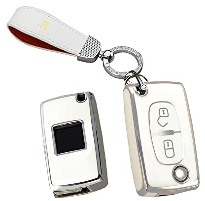 HIBEYO Coque de clé de Voiture Pliable en TPU pour Peugeot 1007 3008 308 407 5008 Partenaire pour Citroën Berlingo C1 C2 C3 Porte-clés Bling Blanc