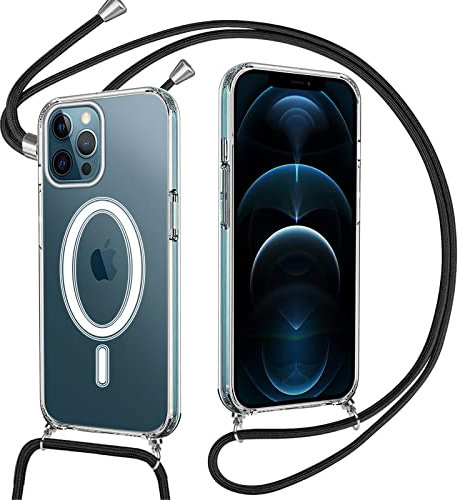 Pnakqil Collier Coque pour iPhone 12 Pro Max con Cordon, Compatible avec MagSafe, Cercle Magnétique Intégré Étui Housse de Transparent Silicone Antichoc et Anti-Chute Etui pour iPhone 12 Pro Max, Noir