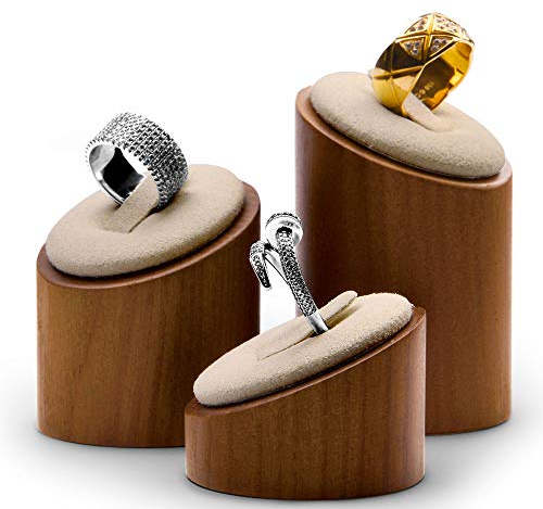 Oirlv Massivholz 3 teiliger Ringständer,Schmuckstände, Schmuck Organizer,Halter für Ring,Messe Arbeitsplatten Ringträger(Cremeweiß)