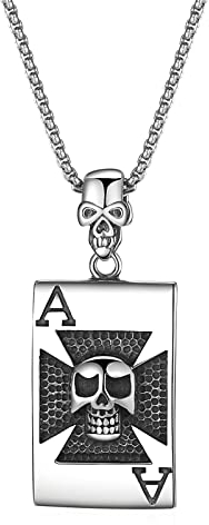 JewelryWe Schmuck Halskette Herren Gotik Totenkopf Schädel Eisernes Kreuz Spielkarte Poker Karte Edelstahl Anhänger mit Kette für Männer Jungen Schwarz Silber
