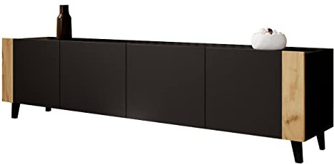 Mirjan24 Mobile TV Lowboard Fezerio, 8 scomparti e 4 ante, Mobile TV con meccanismo di chiusura ammortizzata, Mobile TV (nero/nero + rovere artigianale)