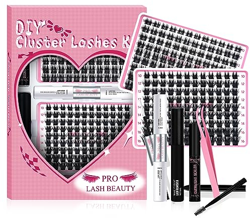 PRO DIY Lash Extension Kit，Cluster Lashes Kit with 216 Pcs Lash Clusters Lash Bond and Seal,5ml Overnighter 10ml Remover Eyelash Applicator Lash Brush for Beginner DIY at Home (Cheery+Posh Kit)