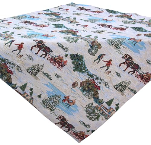 HanaQi Gobelin Weihnachtstischdecke Weihnachtsdekoration Aufleger Mitteldecke Winterlandschaft, Kinder Gewebt ca. 110x110 cm, Polyester