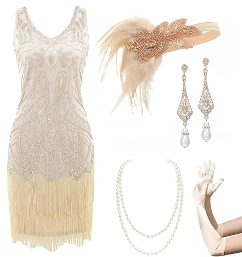 BABEYOND Damen Retro 1920er Stil Flapper Kleider Set mit Zwei Schichten Troddel V Ausschnitt Great Gatsby Motto Party Kostüm Kleider Set