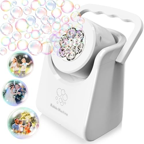 Seifenblasenmaschine Automatischer, Tragbare Blasenmacher für Kinder, Professional Blasenmaschine Winkel um 90° verstellen, Elektrisches Blasenspielzeug für Outdoor/Hochzeit/Geburtstag Party (Weiß)