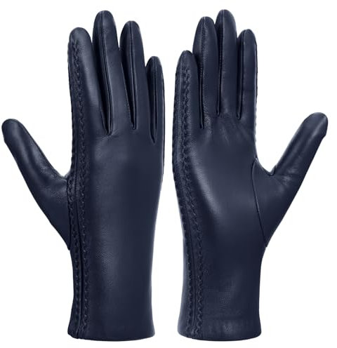 GSG SINCE 1998 Echte Lederhandschuhe Damen Touchscreen Winterhandschuhe Woll Gefütterter Warme Lammfell Autofahrerhandschuhe Navy blau S