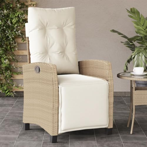 Gaseeto Beige Rattansessel Verstellbarer Gartenstuhl Hochlehner, Liegesessel für den Garten, Outdoor Rattansessel mit verstellbarem Fußteil, Gartenbank mit Kissen