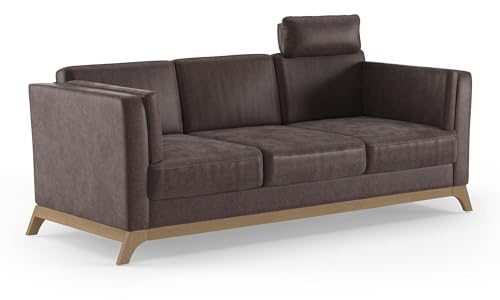 Cavadore 3er-Sofa Vida / 3-Sitzer Couch im trendigen Design mit massivem Holzrahmen in Buche, Kopfstütze mit Kuschelkissen / 213 x 84 x 93 / Mikrofaser, Braun