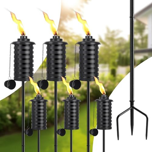 SNOGSWOG Citronella Fackeln für Außen 6er Set, 453.6 g Outdoor Gartenfackeln mit 3 Zinken Erdspieß, 59 Zoll Metall Fackel für Garten Dekor, Außenfackeln für Hinterhof, Garten, Terrasse