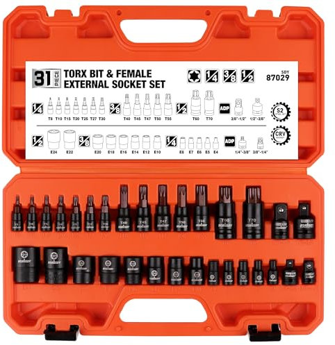 HORUSDY 31-Piece Torx Bit and Female External Socket Set | 14 Star Bits (T8- T70) and 12 Female E-Torx Sockets (E4-E24) | 4 Impact Socket Adapter Set
