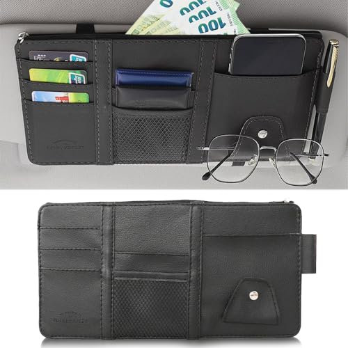 Sertay Sonnenblenden Organizer Schwarz, Auto Sonnenblende Aufbewahrung Leder Pu, Universal Auto Sun Visor Organizer, Geeignet für Sonnenbrillen, Führerschein, Schlüssel