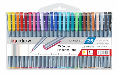 Liquidraw Multicolour Fineliner Pens - 25 Set | Fine Point 0.5 mm Tip | Storage Wallet | Coloured Pens For Artists, Handwriting, Drawing, Calligraphy, Sketching | Ergonomic Design | Fade Resistant Ink