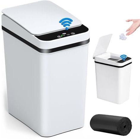 CHAMSUREUK Smart Touchless Bathroom Trash Can 12L Automatic Motion Sensor Rubbish Can with Lid Electric Waterproof Narrow Small Garbage Bin for Kitchen, Office, Toilet, Bedroom with 50pcs Trash bags