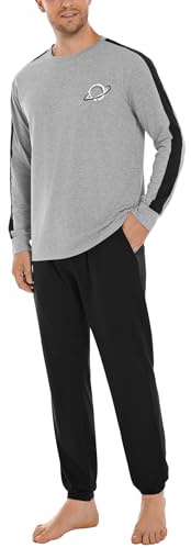 Crewhpo Pijama Hombre Invierno Algodón Conjunto de Pijamas Ropa de Dormir | Camiseta, Manga Larga, Cuello Redondo, Paneles Laterales, Largo Pantalones, Tacto Suave, Corte Relajado, Estación Fría