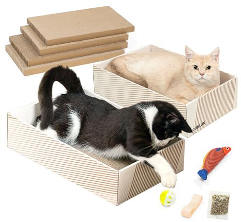 Conlun Rascador para Gatos Carton con 4 Rascadores Gatos&2 Cajas Separadas&1 Pelota de Gatos&1 Juguete de Pez,2 en 1 Rascador Carton para Rascar Ideal para Kittens Regalos de Cumpleaños&Festividades