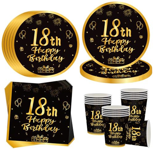 OMZSXK 18° Compleanno Stoviglie per 16 Ospiti, Nero Oro, Piatto per Feste, Tovaglioli per Uomini e Donne Happy Birthday