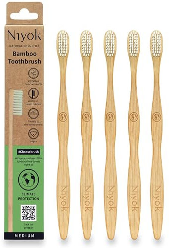 Niyok® Bambus Zahnbürste KLIMASCHUTZ 5er • Zahnbürste aus Bambus • Mittelweiche Borsten • Natürliche Holzzahnbürste • Nachhaltige Zahnbürsten • Toothbrush • Plastikfrei & Vegan