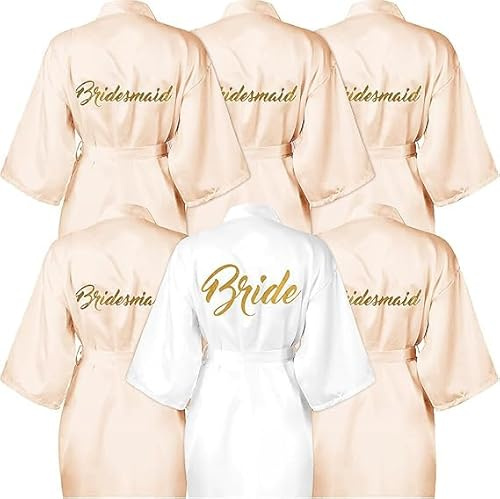 ASMIZ 6Pcs Bridesmaids Robes for Wedding, Light Champagne & White Kimono Robe for Women, Satin Bridal Robes Silky Wedding Robes for Proposal Hen Party Gift