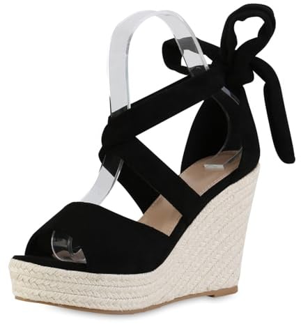 VAN HILL Damen Keilsandaletten Keilabsatz Bast Trendy Schuhe 216971 Schwarz 39