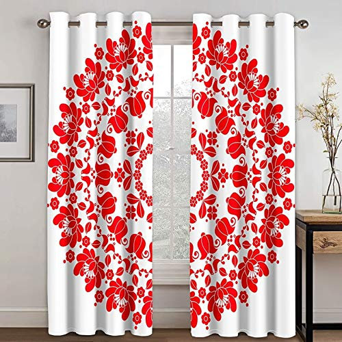 Bishilin Gardinen Verdunkelnd 2er Set 214x274CM, Verdunklungsvorhänge Ösen mit Muster Rot Blumenkranz Vorhänge Blickdicht Schlafzimmer Wohnzimmer