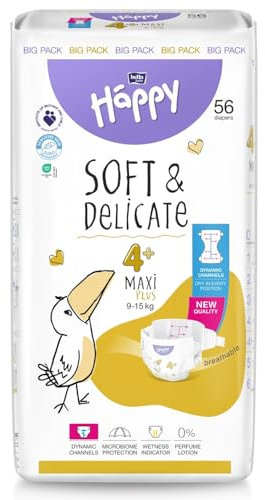 bella baby Happy Windeln Größe 4+ Maxi Plus 9-15 kg 56 Stück, DERMATEST & OEKO TEX Siegel, Babywindeln Einweg