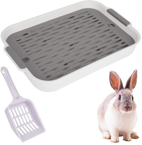 Hasentoilette Kaninchentoilette mit Schaufel Kaninchen Zubehör | Doppelschicht Gitterrost Ecke Klo für Hasen, Hamster, Meerschweinchen & Kleintier(Grau)