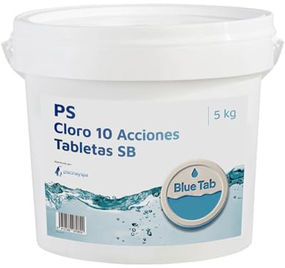 Blue Tab Cloro 10 Acciones en Tabletas 250 Gr, Efecto Choque y Mantenimiento Prolongado, Compatible con Piscinas, Liner y Aguas Duras, 5 Kg - BL6005 - Piscinayspa
