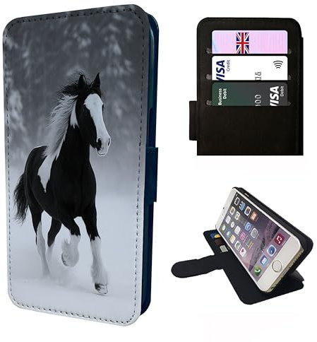 Horse Wallet Phone Case Flip Cover Compatible with iPhone SE 7 8 X XR 11 12 13 14 15 16 16E Plus Mini Pro Max – Faux Leather Black and White Horse Print, Equestrian Gift, Elegant Horse Lover Case