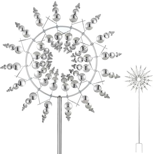 Ease Einzigartige und magische Metall Windmühle, 3D Windbetriebene Kinetische Windrad Garten Metall, 360° Dual Rotors Rostfrei Gartenstecker Windspiel, für Terrasse Rasen und Garten Dekoration