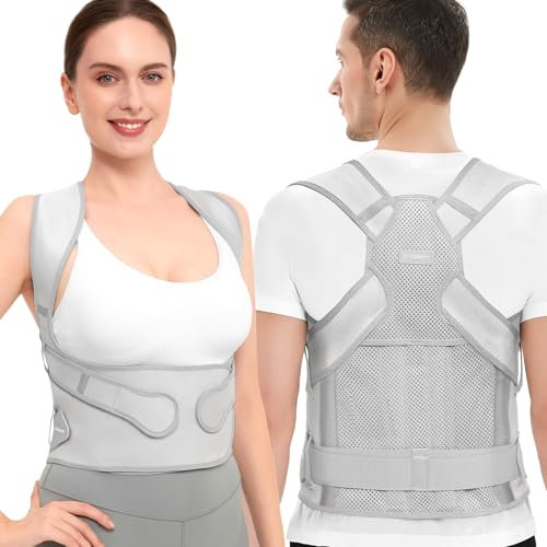 Vicorrect Posture Corrector for Women and Men: Back Support Brace Relieve Upper Back Shoulders Pain (Gray, M)